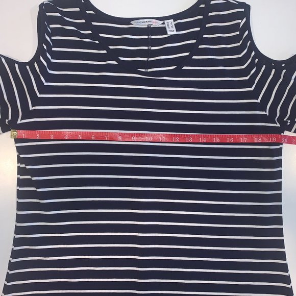 NWOT Isaac Mizrahi Live! Lg Blue/White Striped Cold Shoulder Maxi Dress Hi - Low - Picture 7 of 9